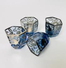 4 Blue & Silver Overlay Cordial Glasses Hexagon