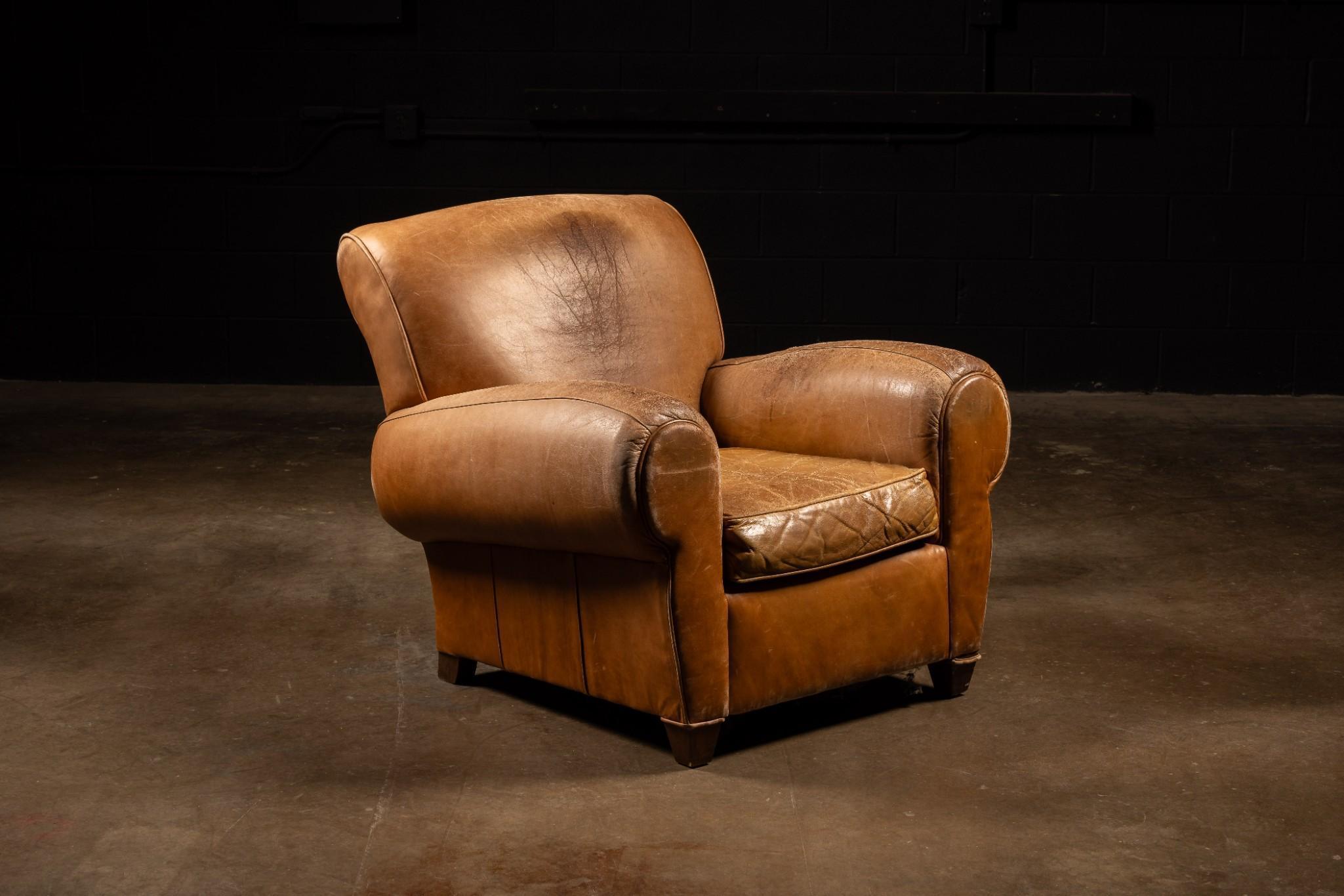 Leather Club Chair and Ottoman Set in Camel