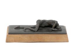 Bronze Sculpture Of Prone Man Mounted On Wood Base