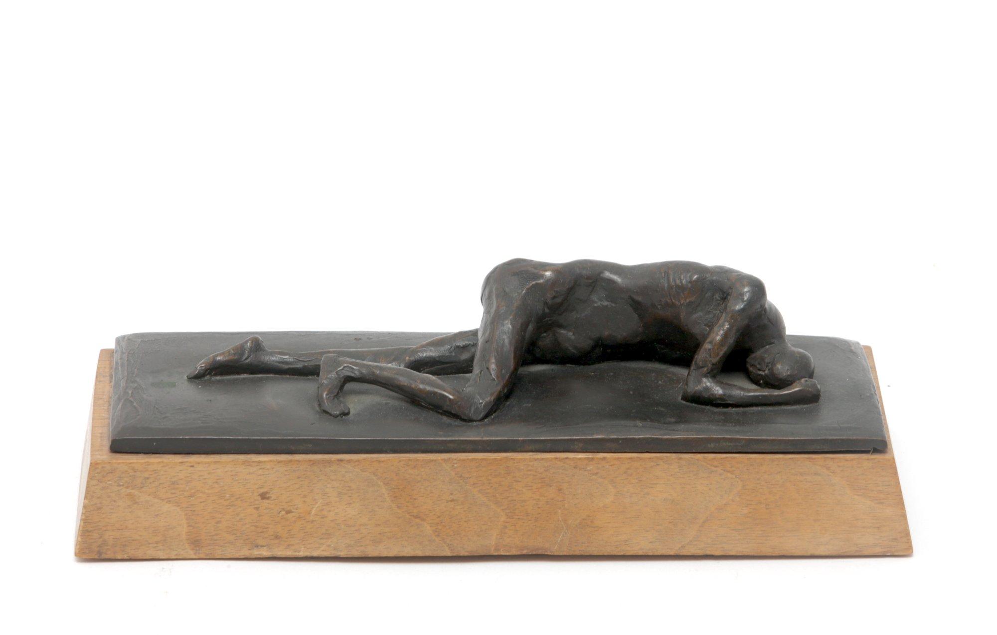 Bronze Sculpture Of Prone Man Mounted On Wood Base