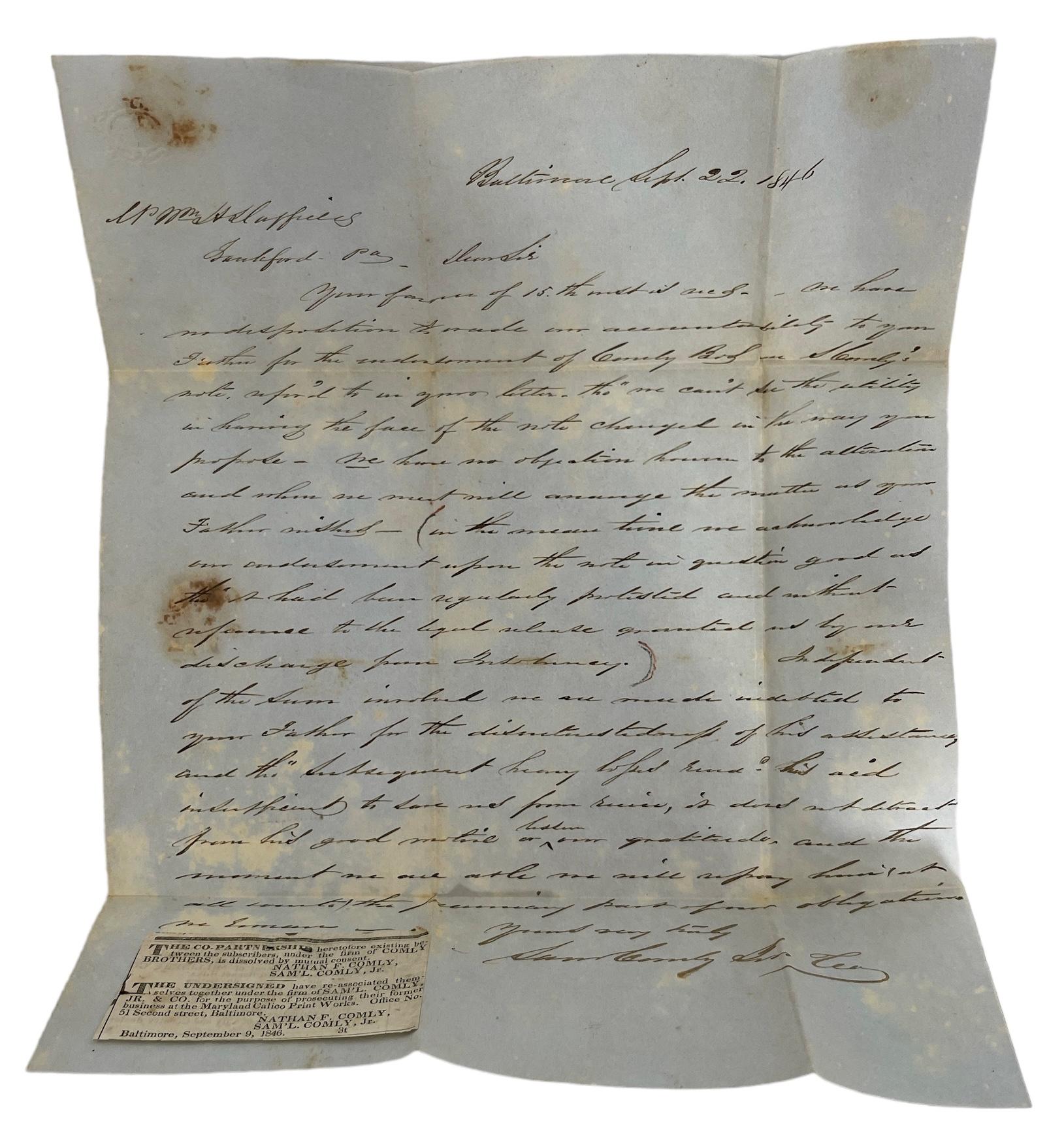 Vintage 1846 Letter by Samâ€™L. Comly, Jr