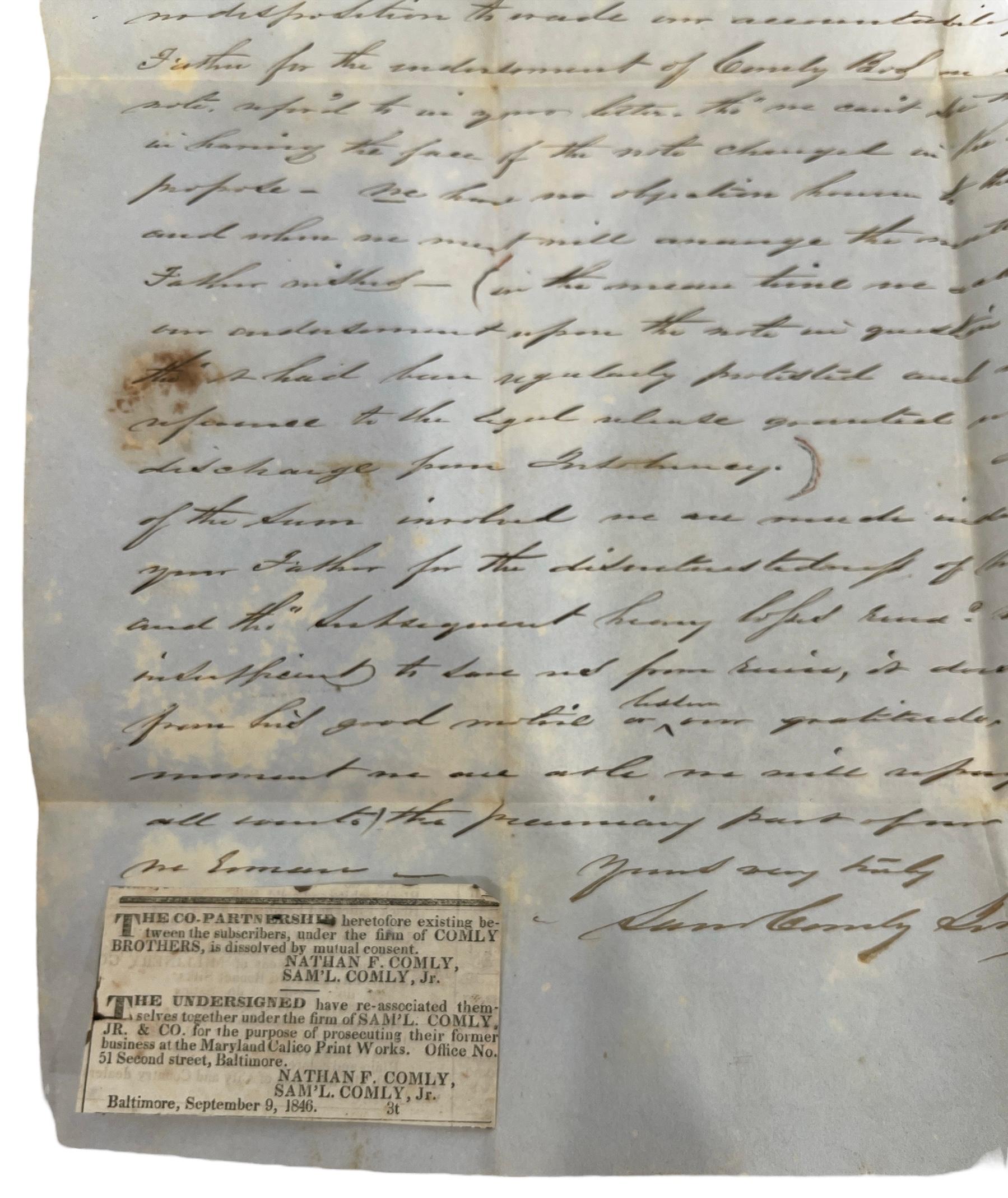 Vintage 1846 Letter by Samâ€™L. Comly, Jr