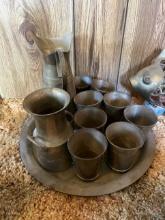 Brass Pitcher and 8 Glasses