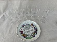 Decorative Plate With 9 Glass Champagne Flutes