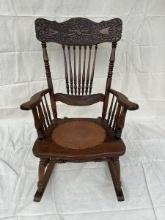 Antique Oak and Embossed Leather Rocking Chair