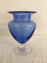 Blue Glass Pedestal Vase with Etched Flowers