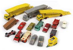 Matchbox (16), Various Toy Cars, Trucks, Tractors & Truck/Trailers, 8" L.