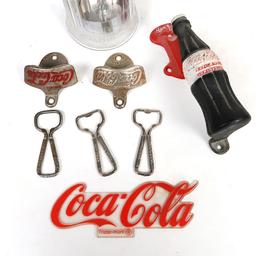 Coca-Cola items (8), incl Straw Holder, Door Handle, Bottle Openers & sign,