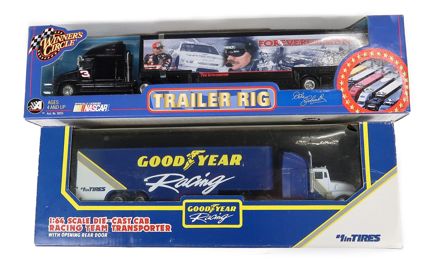Racing Trailers (2), 1:64 & 1:24 scale, both rigs MIB, 15" L.