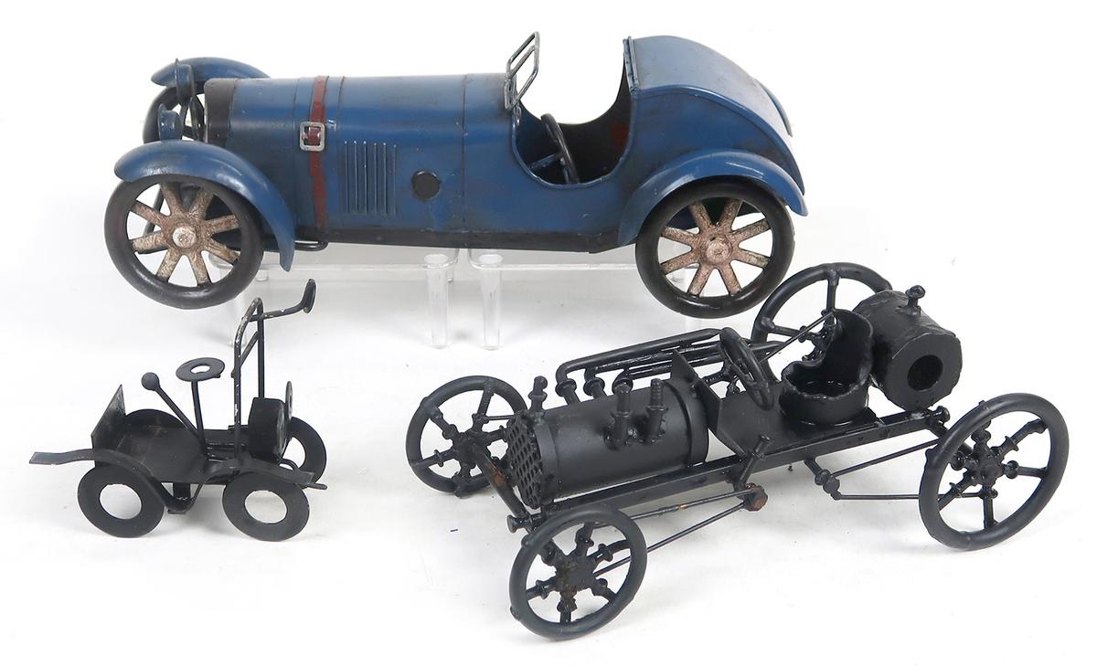 Folk Art Car Sculptures & Model (3), Hand made tin & iron, contemporary in