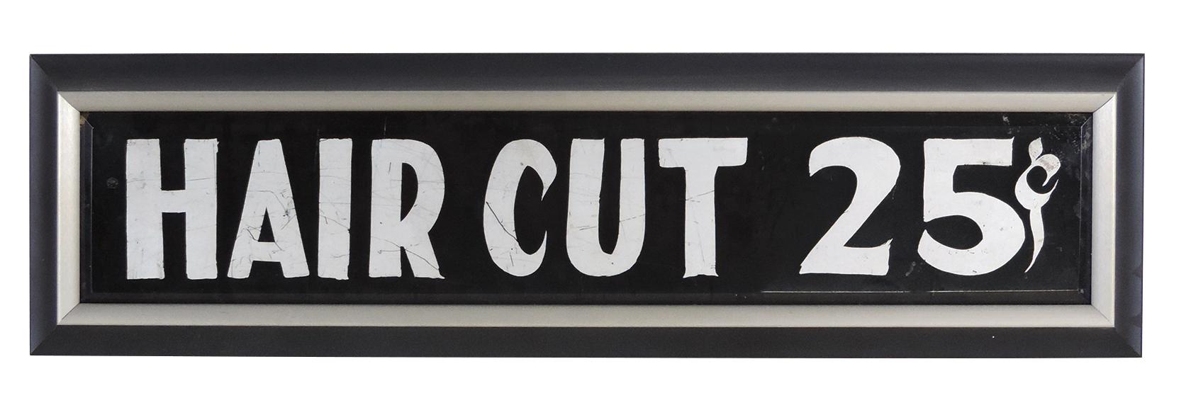 Barber Shop Sign, Hair Cut 25 Cents, painted beveled glass, VG cond in fram