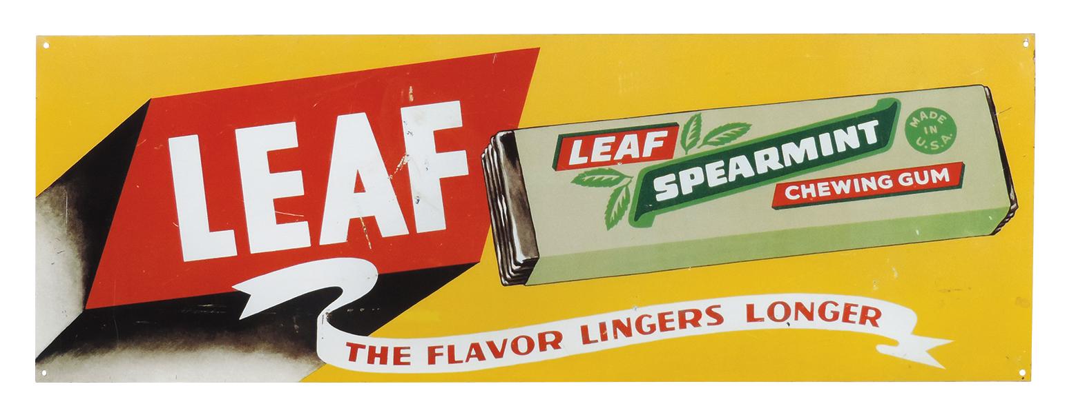 Chewing Gum Sign, Leaf Spearmint, colorful litho on metal w/large gum pack,