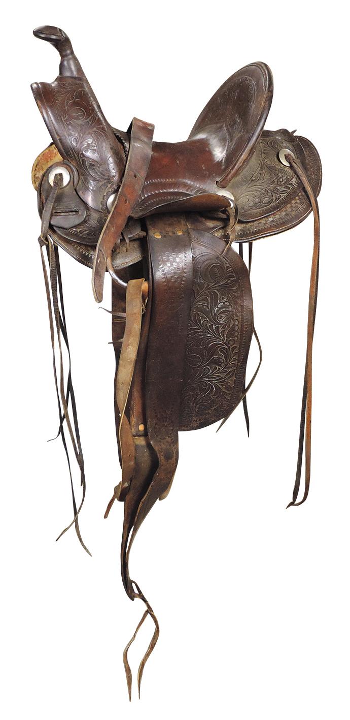 Western Stock Saddle, tooled leather c.1890-1920, by F. A. Meanea-Cheyenne,