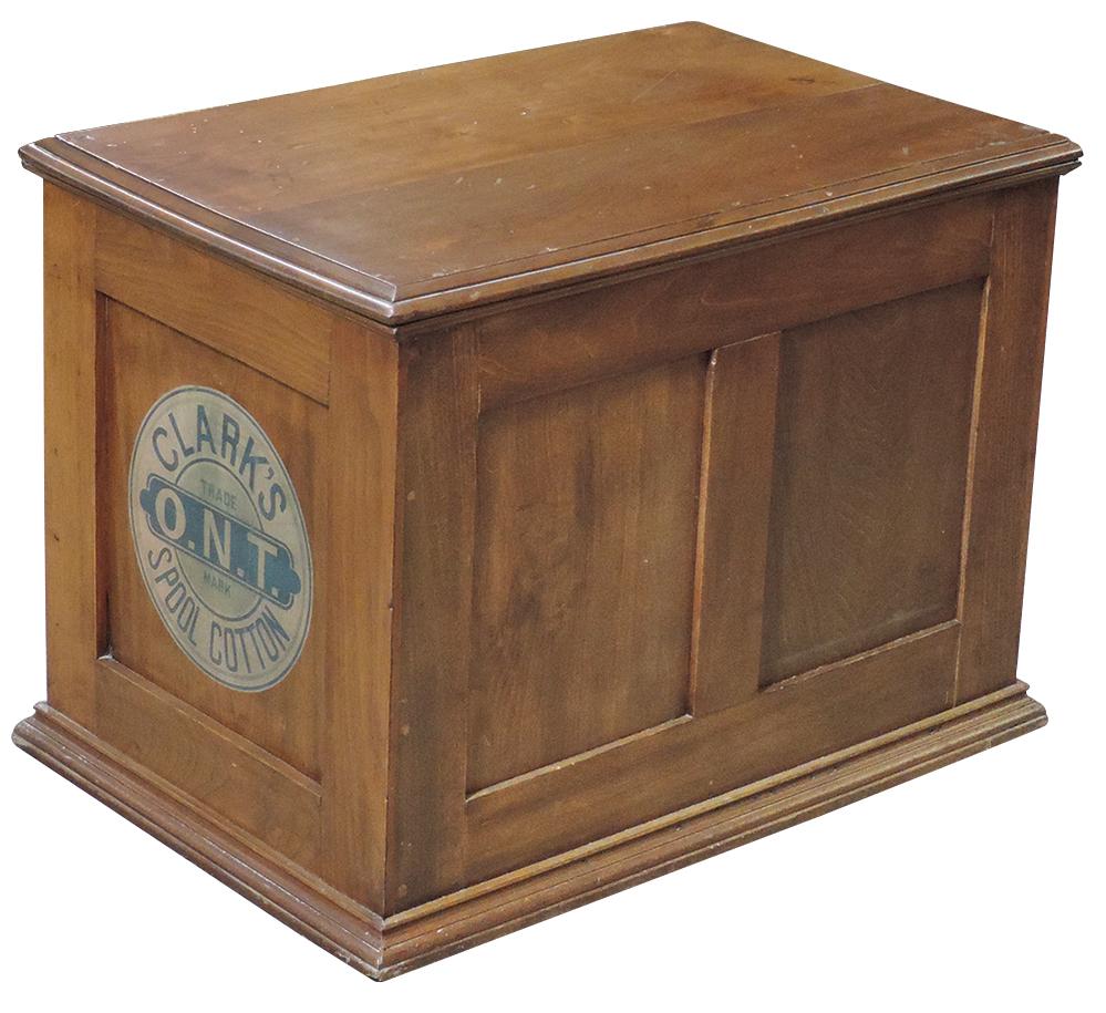 Spool Cabinet, Clark's O.N.T. walnut 9-drawer w/etched ruby glass & pearled