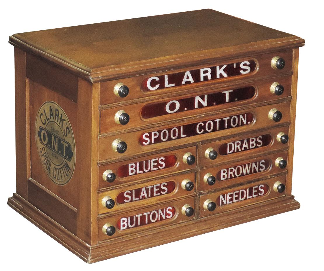 Spool Cabinet, Clark's O.N.T. walnut 9-drawer w/etched ruby glass & pearled