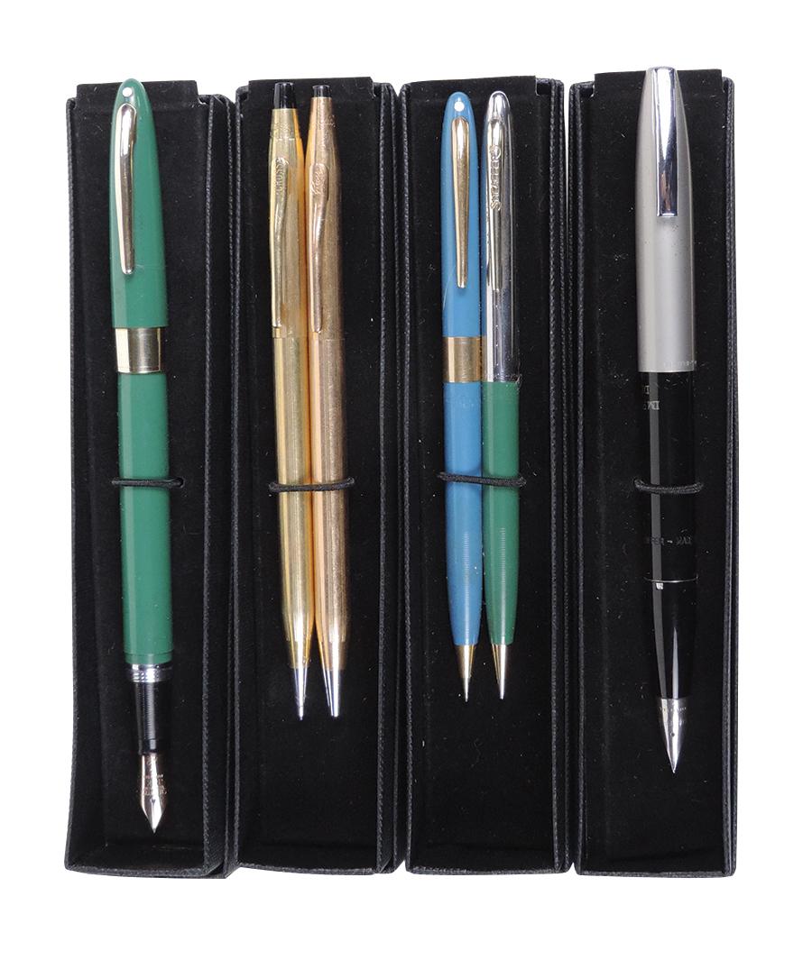 Pens and Desk Sets (9), Parker ballpoint w/paperweight glass base, Sheaffer