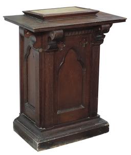 Religious, Ecclesiastical Oak Pulpit w/Gothic arch panels, scrolled corbels