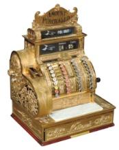 National Cash Register, Model 452, red brass crank machine w/keys to $9 & E