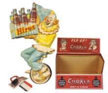 Soda Fountain Advertising (3), molded plastic Hires Root Beer clown in high