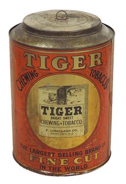 Tobacco Tin, Tiger Chewing Tobacco 5 Cent Packages, colorful litho on tin w