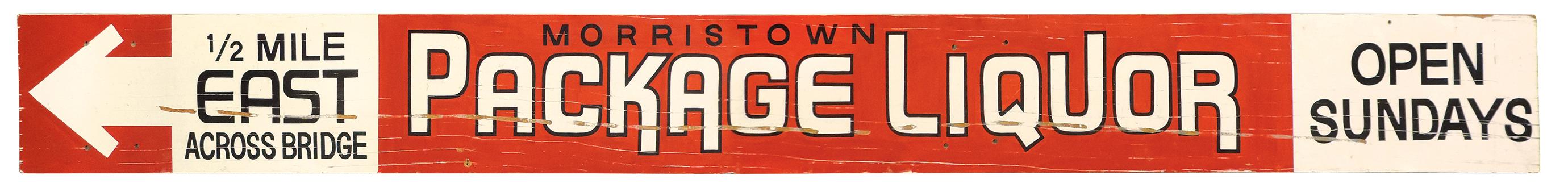 Breweriana Arrow Sign, Morristown Package Liquor, painted plywood, VG cond,