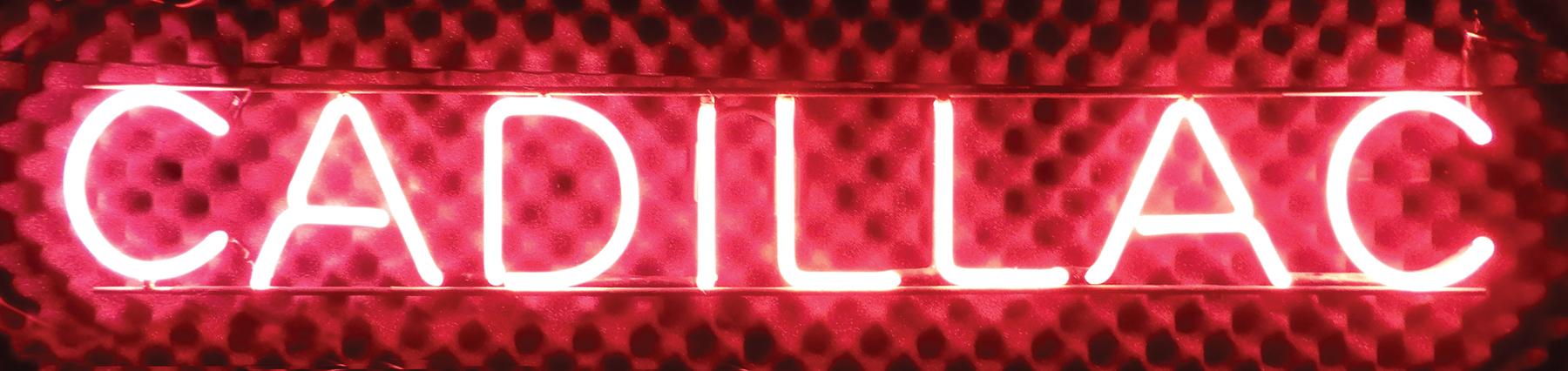 Automotive Neon Sign, "Cadillac", red neon, Exc working cond, 9"H x 50"W.