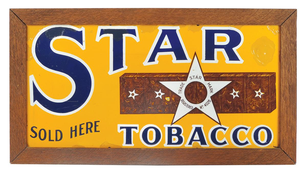 Tobacco Sign, Star Tobacco, porcelain in wood frame, strong color, obvious