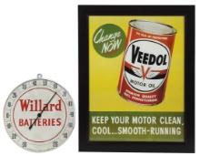 Automobilia Poster & Thermometer (2), Veedol Motor Oil litho on cdbd w/larg