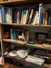 contents of three shelves books and knickknacks