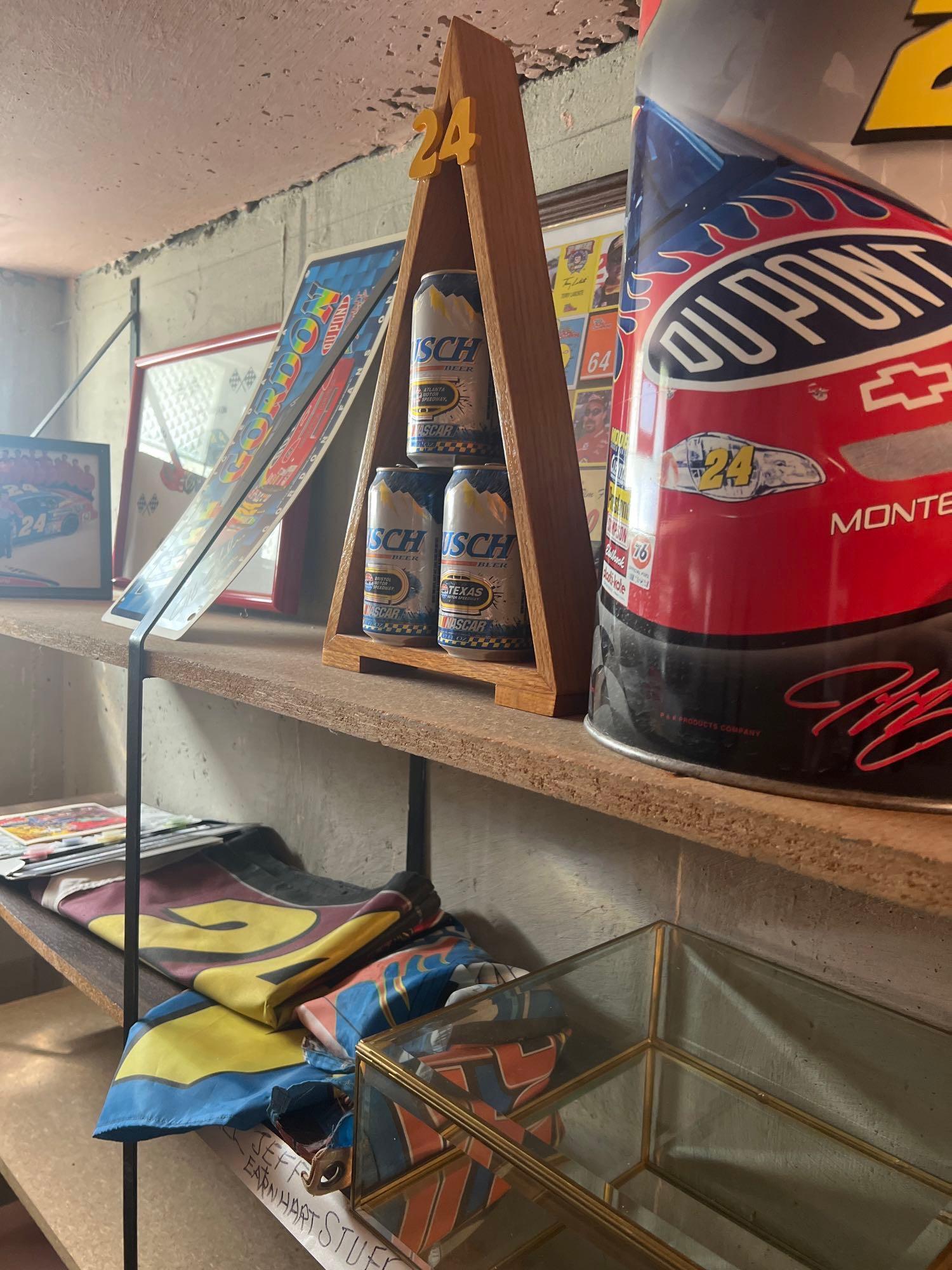 NASCAR memorabilia lot trashcan, plaques, and more