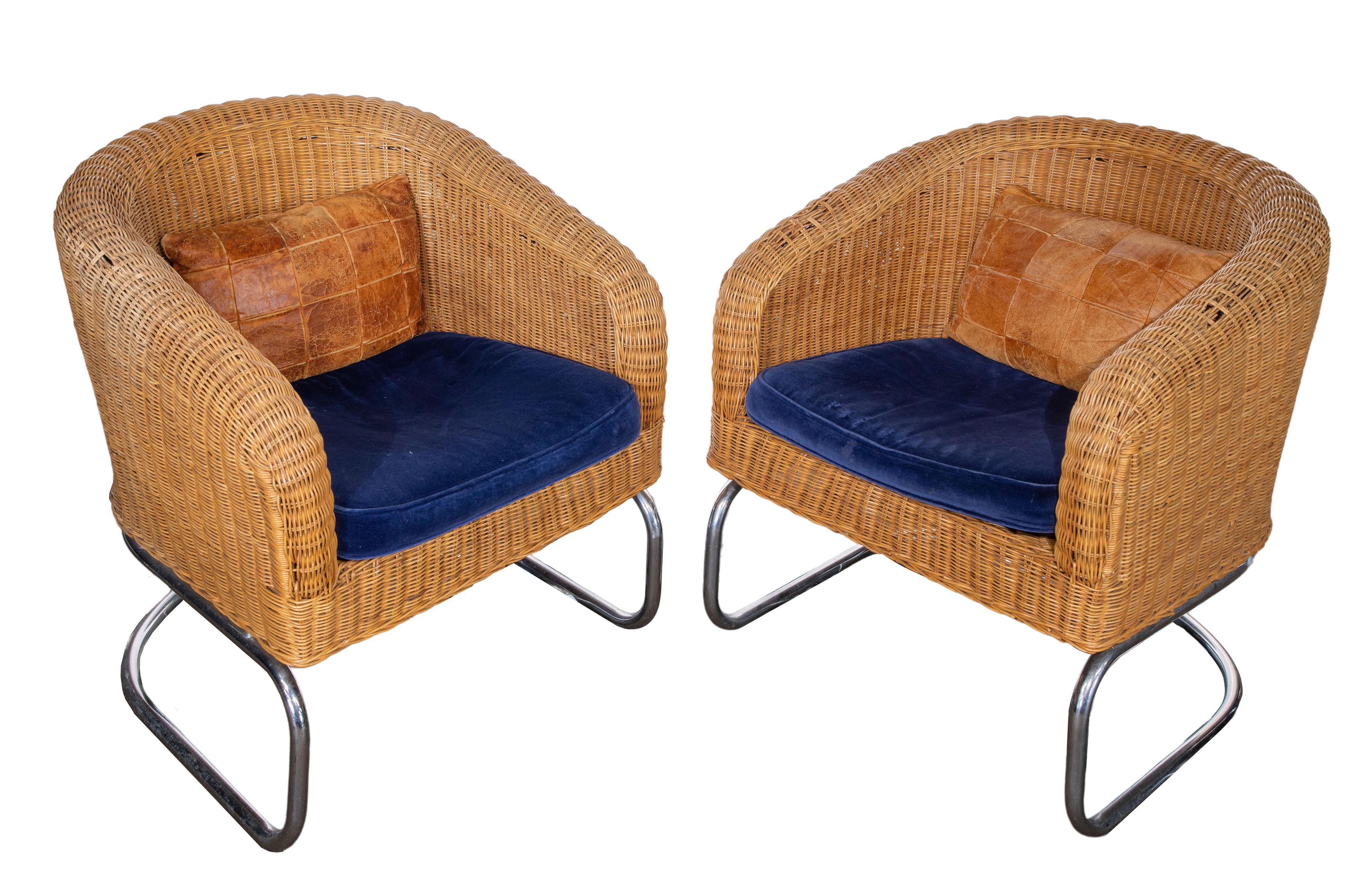 Wicker and Chrome Barrel Back Armchairs