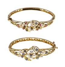 14k Yellow Gold, Pearl, Ruby and Sapphire Hinged Bangle Bracelets
