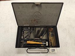 ANTIQUE MISCELLANEOUS FIREARM TOOLS AND CLEANING KIT IN US METAL BOX