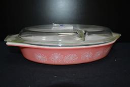Pyrex Pink Daisy Divided Dish w/Lid; Mfg. 1958-1962