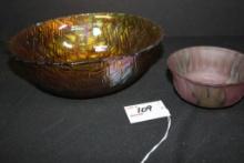 Pair of Bowls include 1 Orange Basketweave and 1 Pink Pressed Glass