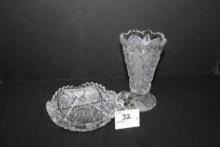Cut Crystal Starburst 6" Candy Dish and 6" Pressed Glass Vase