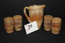 Vintage Weishar Moon and Stars Caramel Slag 4" Mini-Pitcher and Four 2" Glasses