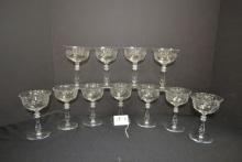 Group of 11 Crystal Floral Etched Glasses including Champagne Coupes and Dessert Glasses