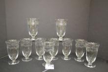 Set of 10 Crystal Floral Etched Water Goblets; 5-1/2" Tall