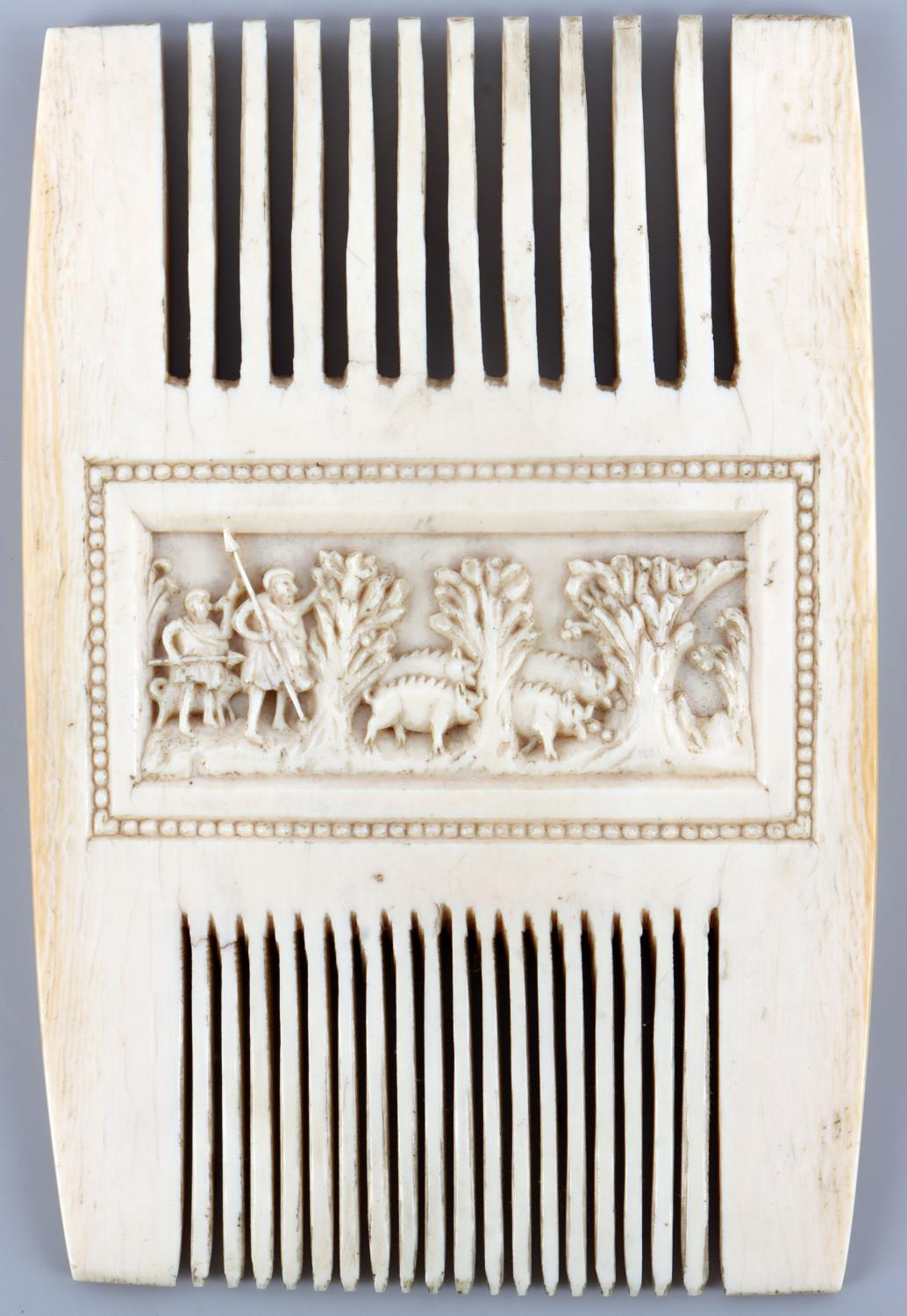 MEDIEVAL IVORY LITURGICAL COMB W/ HUNTING SCENES