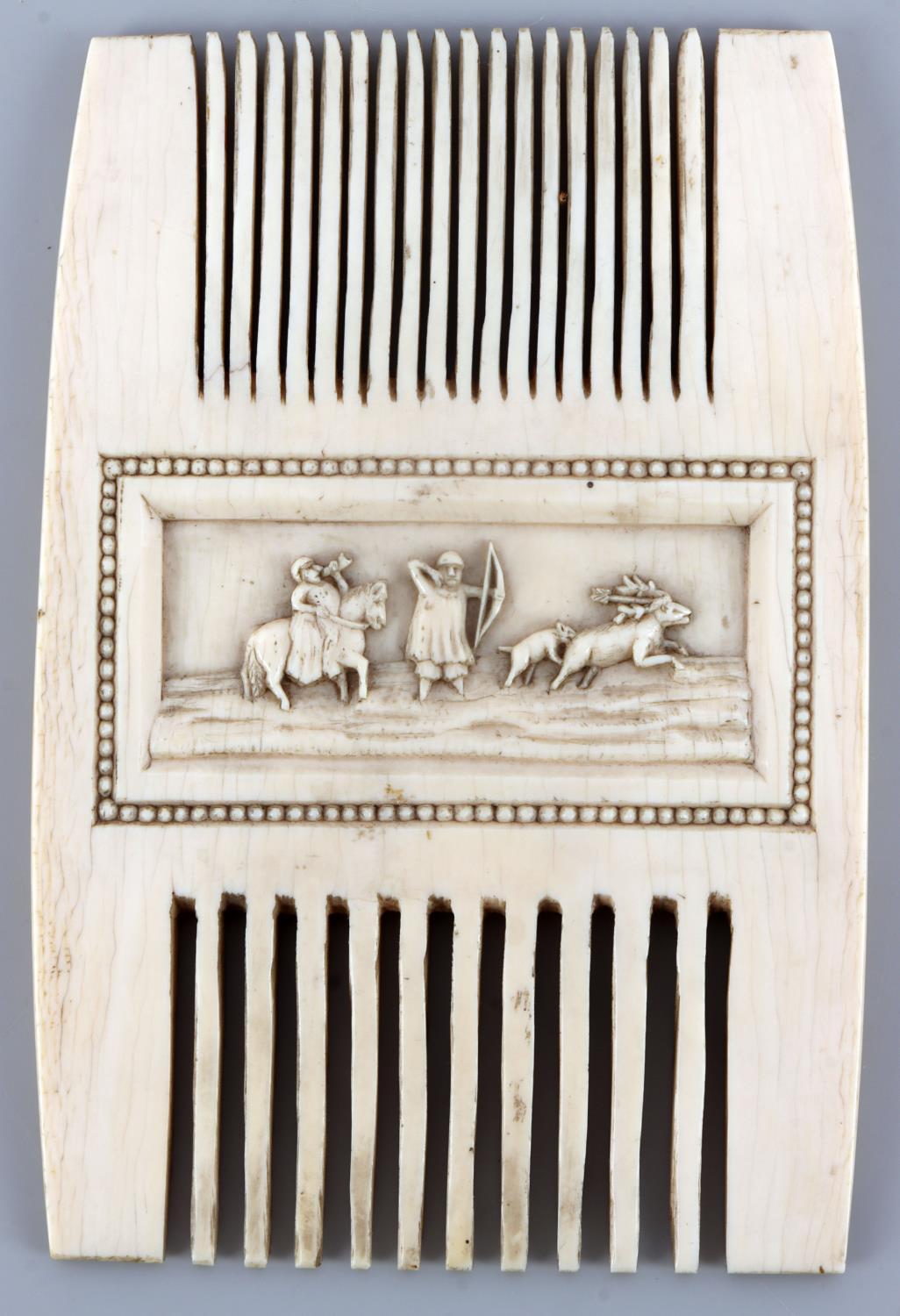 MEDIEVAL IVORY LITURGICAL COMB W/ HUNTING SCENES