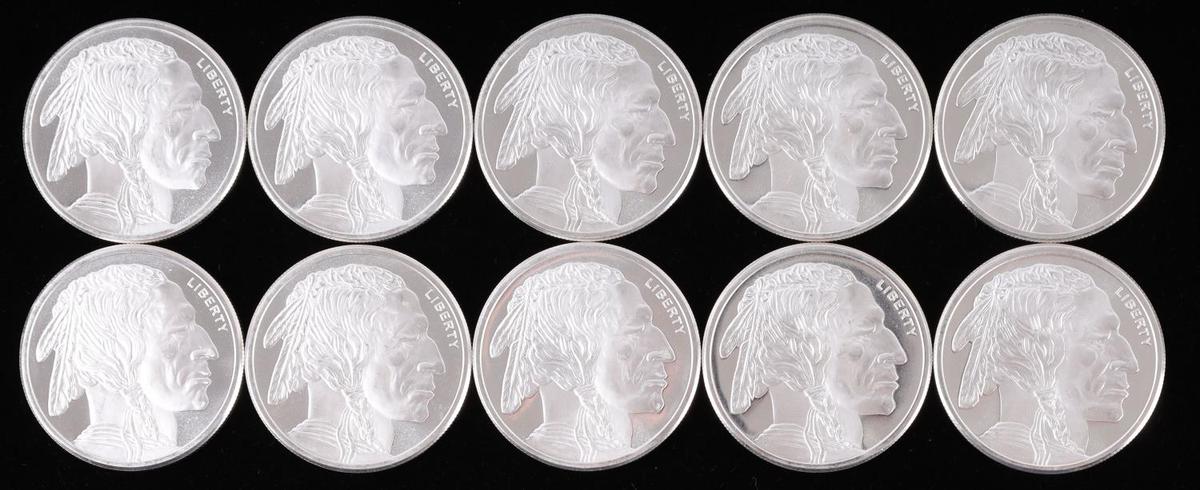 LOT OF 10 BUFFALO 1 OZ SILVER BULLION ROUNDS