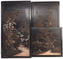 3 JAPANESE RAISED RELIEF LACQUERED SCREEN PANELS