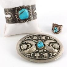 OLD PAWN SILVER & ALPACA MEXICO TURQUOISE JEWELRY