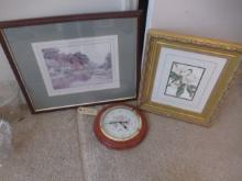 2 FRAMED PRINTS AND WALL CLOCK