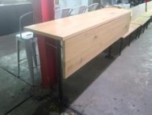 wooden bar-height table, steel frame w/ oak top & metal bar stools