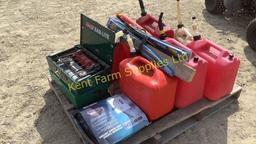 PALLET OF JERRY CANS, WIPER BLADES, COLEMAN STOVES