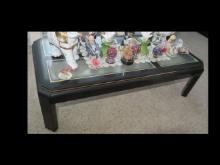 Coffee table and 2 end tables, matching set,  black with gold trim, glass t