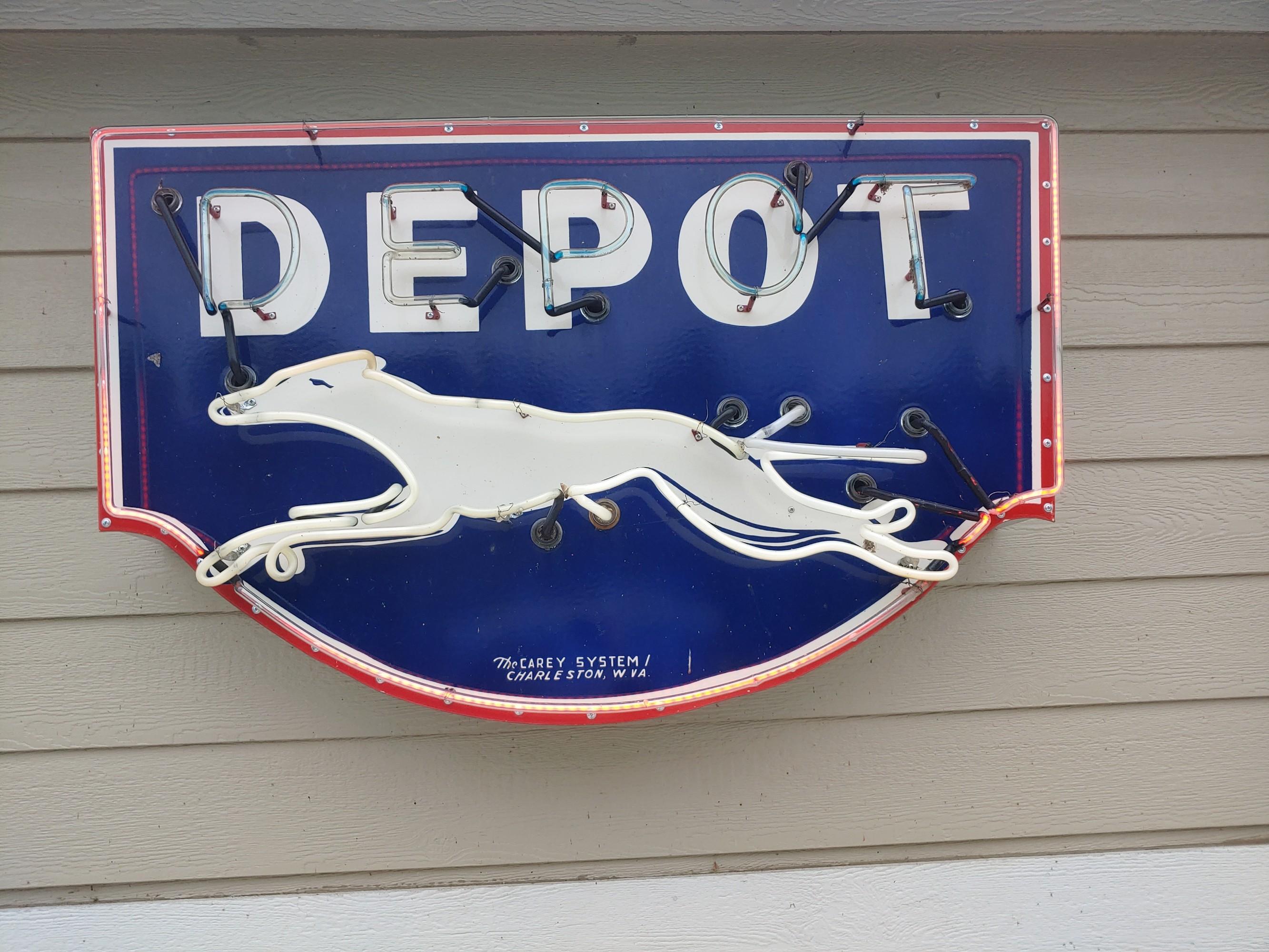 SSP Greyhound Bus Depot Porcelain Neon Sign, The Carey Mfg Co