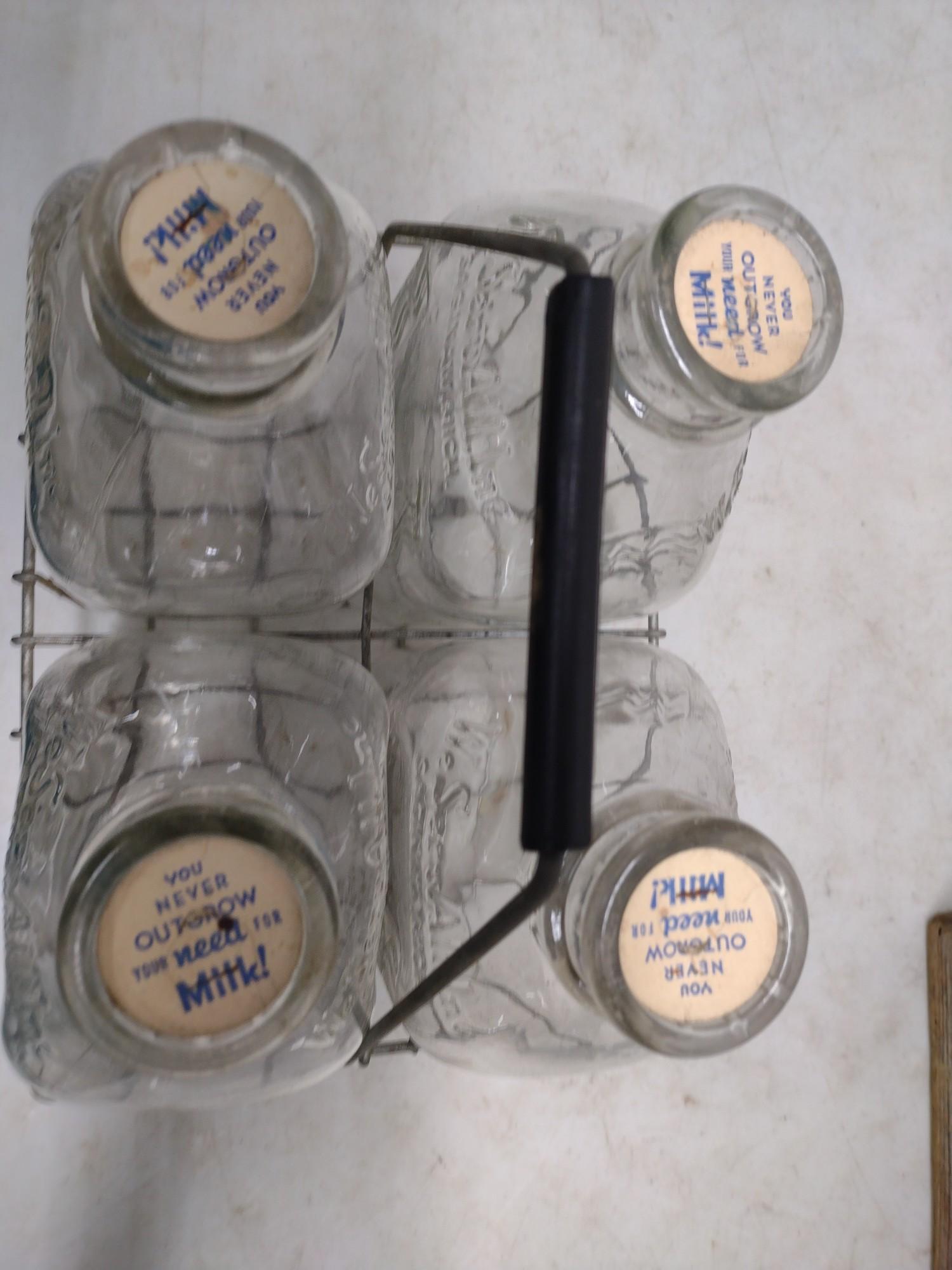 Vintage Glass Milk Bottles And Holding Racks